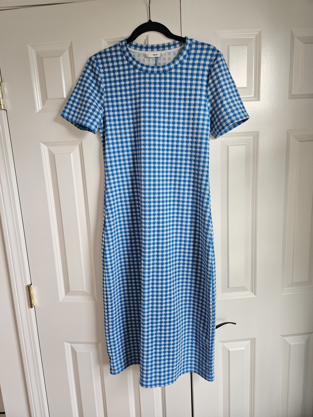 Mango Blue And White Gingham Short-Sleeve Midi Dress